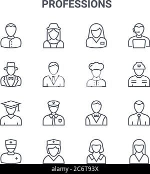 set of 16 professions concept vector line icons. 64x64 thin stroke icons such as stewardess, magician, firefighter, butler, nurse, nun, maid, chef, Stock Vector