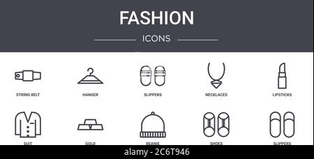 fashion concept line icons set. contains icons usable for web, logo, ui/ux such as hanger, necklaces, suit, beanie, shoes, slippers, lipsticks, slippe Stock Vector