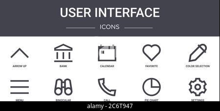 user interface concept line icons set. contains icons usable for web, logo, ui/ux such as bank, favorite, menu, call, pie chart, settings, color selec Stock Vector