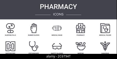 pharmacy concept line icons set. contains icons usable for web, logo, ui/ux such as rubber gloves, pharmacy, suppository, safety glasses, mortar, cadu Stock Vector