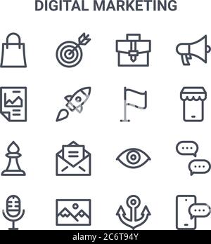 set of 16 digital marketing concept vector line icons. 64x64 thin stroke icons such as target, statistics, mobile store, view, landscape, chat, anchor Stock Vector