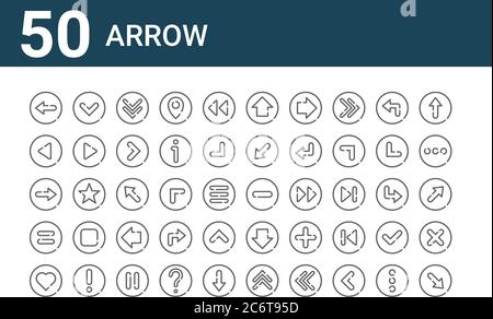 set of 50 arrow icons. outline thin line icons such as bottom right, love, math, right, back, down, minus, up arrow, top left, down Stock Vector