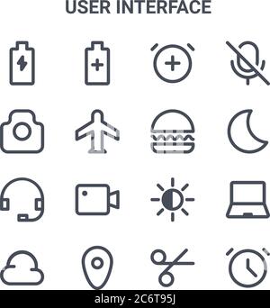 set of 16 user interface concept vector line icons. 64x64 thin stroke icons such as battery, camera, night mode, contrast, location, clock, cutting, h Stock Vector