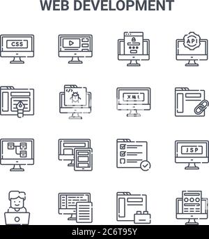 set of 16 web development concept vector line icons. 64x64 thin stroke icons such as video, de, link, testing, backend, landing page, plugin, xml, api Stock Vector