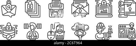 12 set of linear confidential information icons. thin outline icons such as data protection, data, confidential, surveillance, shder, archive for web, Stock Vector