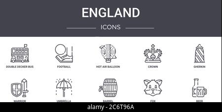 england concept line icons set. contains icons usable for web, logo, ui/ux such as football, crown, warrior, barrel, fox, beer, gherkin, hot air ballo Stock Vector