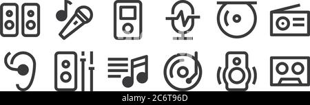 12 set of linear music player interface icons. thin outline icons such as radio cassette, music player, speaker, music player, ipod, karaoke for web, Stock Vector