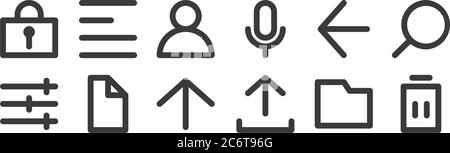 12 set of linear user interface icons. thin outline icons such as delete, upload, file, backwards, user, align left for web, mobile Stock Vector