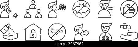 12 set of linear symptoms virus icons. thin outline icons such as wash your hands, breath, stay at home, ti, sore throat, avoid crowds for web, mobile Stock Vector