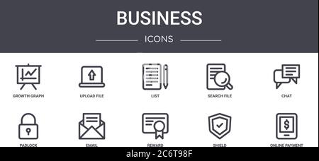business concept line icons set. contains icons usable for web, logo, ui/ux such as upload file, search file, padlock, reward, shield, online payment, Stock Vector