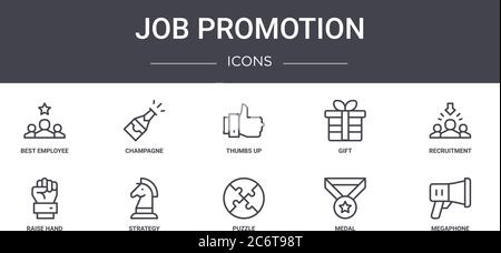 job promotion concept line icons set. contains icons usable for web, logo, ui/ux such as champagne, gift, raise hand, puzzle, medal, megaphone, recrui Stock Vector