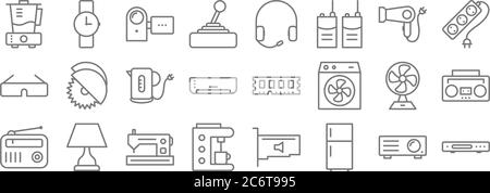electronic devices line icons. linear set. quality vector line set such as dvd player, fridge, coffee maker, radio, fans, kettle, extending leads, ear Stock Vector