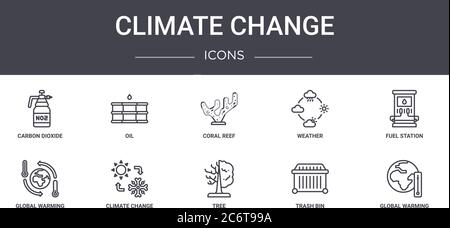 climate change concept line icons set. contains icons usable for web, logo, ui/ux such as oil, weather, global warming, tree, trash bin, global warmin Stock Vector