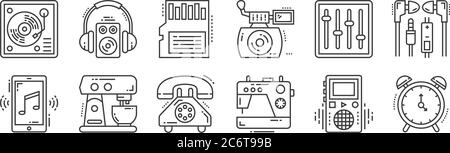 12 set of linear technology devices icons. thin outline icons such as alarm clock, sewing machine, coffee machine, equalizer, sim card, woofer for web Stock Vector