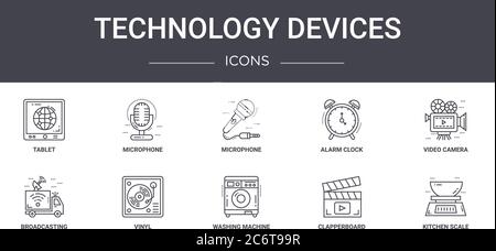 technology devices concept line icons set. contains icons usable for web, logo, ui/ux such as microphone, alarm clock, broadcasting, washing machine, Stock Vector