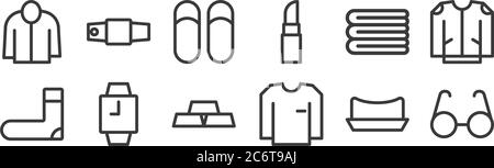 12 set of linear fashion icons. thin outline icons such as eye glasses, shirts, watches, towels, slippers, string belt for web, mobile Stock Vector