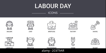 labour day concept line icons set. contains icons usable for web, logo, ui/ux such as chef, factory, labor day, policewoman, crane, helmet, shovel, br Stock Vector
