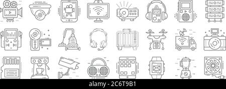technology devices line icons. linear set. quality vector line set such as air cooler, smartwatch, vintage radio, sim card, broadcasting, vaccum clean Stock Vector