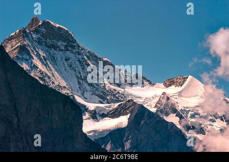Summits of the majestic snow capped Jungfrau and Silberhorn on a summer day seen from Grindelwald First Stock Photo