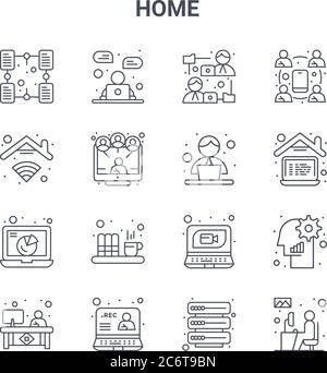 set of 16 home concept vector line icons. 64x64 thin stroke icons such as online chat, internet, working at home, video call, recording, working at ho Stock Vector