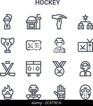 set of 16 hockey concept vector line icons. 64x64 thin stroke icons such as popcorn, prize, hockey sticks, hockey, ice mask, ice referee, schedule Stock Vector