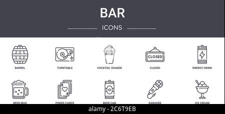 bar concept line icons set. contains icons usable for web, logo, ui/ux such as turntable, closed, beer mug, beer can, karaoke, ice cream, energy drink Stock Vector