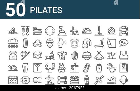 set of 50 pilates icons. outline thin line icons such as headphones, calendar, yoga, kettlebell, accesories, hook, hand Stock Vector
