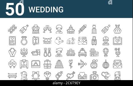 set of 50 wedding icons. outline thin line icons such as bridesmaid, double bed, balloons, necklace, love, champagne, flowers, church, video camera, r Stock Vector
