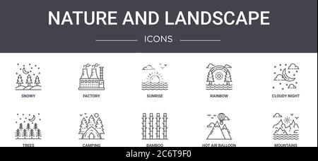 nature and landscape concept line icons set. contains icons usable for web, logo, ui/ux such as factory, rainbow, trees, bamboo, hot air balloon, moun Stock Vector