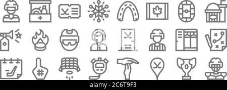 hockey line icons. linear set. quality vector line set such as ice hockey, hockey, stopwatch, lockers, helmet, popcorn, mouth guard, first aid kit Stock Vector