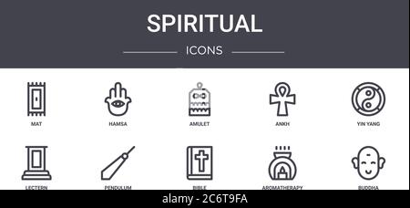 spiritual concept line icons set. contains icons usable for web, logo, ui/ux such as hamsa, ankh, lectern, bible, aromatherapy, buddha, yin yang, amul Stock Vector