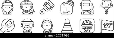 12 set of linear labour day icons. thin outline icons such as labor day, cone, farmer, welder, paint brush, miner for web, mobile Stock Vector
