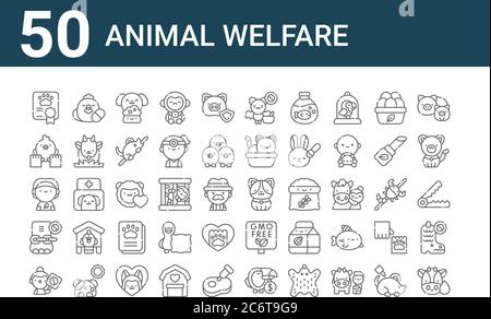 set of 50 animal welfare icons. outline thin line icons such as cow, activist, elephant, vegan, animal care, poultry, dog Stock Vector
