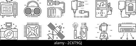 12 set of linear technology devices icons. thin outline icons such as air conditioner, usb, microprocessor, music player, battery charge, vintage radi Stock Vector
