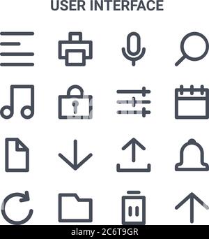set of 16 user interface concept vector line icons. 64x64 thin stroke icons such as print, music, timeline, upload, folder, up arrow, delete, setting, Stock Vector