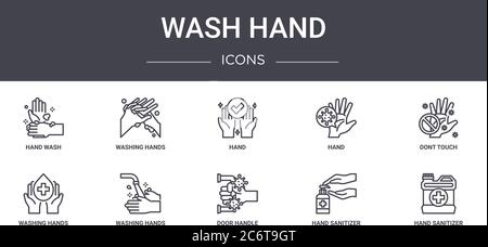 wash hand concept line icons set. contains icons usable for web, logo, ui/ux such as washing hands, hand, washing hands, door handle, hand sanitizer, Stock Vector