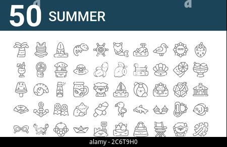 set of 50 summer icons. outline thin line icons such as leaf, sunglasses, fan, watermelon, drink, swimsuit, sailboat, mermaid, sunscreen, flamingo Stock Vector