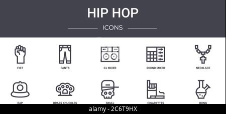 hip hop concept line icons set. contains icons usable for web, logo, ui/ux such as pants, sound mixer, rap, skull, cigarettes, bong, necklace, dj mixe Stock Vector
