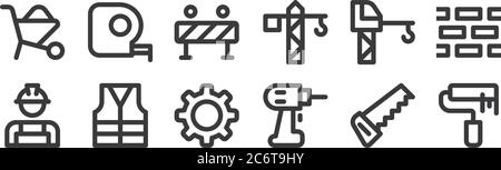 12 set of linear labour day icons. thin outline icons such as roller paint, drilling machine, reflective vest, crane, traffic barrier, measuring tape Stock Vector