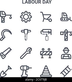 set of 16 labour day concept vector line icons. 64x64 thin stroke icons such as gear, sickle, crane, traffic barrier, drilling machine, ladder, traffi Stock Vector