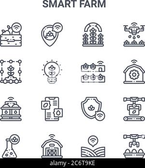 set of 16 smart farm concept vector line icons. 64x64 thin stroke icons such as placeholder, smart farm, smart farm, protection, robotic arm, field, h Stock Vector