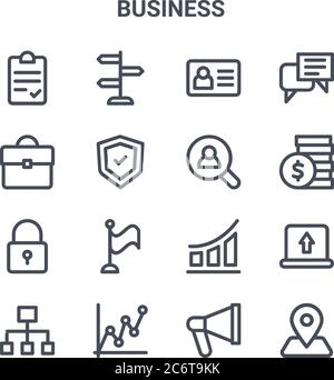 set of 16 business concept vector line icons. 64x64 thin stroke icons such as guidepost, portfolio, coins stack, growth chart, growth chart, locator, Stock Vector