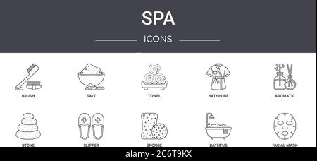 spa concept line icons set. contains icons usable for web, logo, ui/ux such as salt, bathrobe, stone, sponge, bathtub, facial mask, aromatic, towel Stock Vector