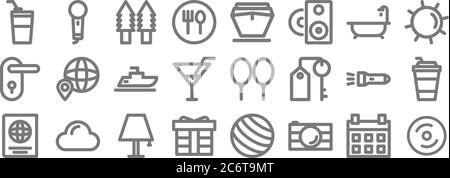holiday line icons. linear set. quality vector line set such as cd burning, camera, gift, passport, flashlight, ship, sun, ship, microphone Stock Vector