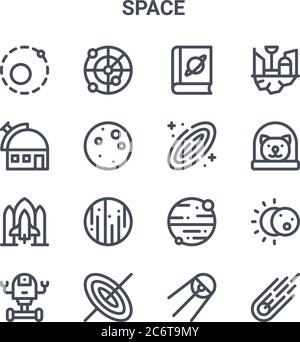 set of 16 space concept vector line icons. 64x64 thin stroke icons such as radar, observatory, cat, mars, black hole, meteorite, sputnik, galaxy, spac Stock Vector