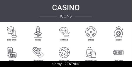 casino concept line icons set. contains icons usable for web, logo, ui/ux such as police, casino, coins, casino chip, shopping bag, card game, diamond Stock Vector