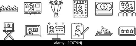 12 set of linear fame icons. thin outline icons such as ticket, autograph, video chat, money, flower bouquet, news reporter for web, mobile Stock Vector