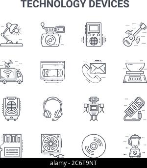 set of 16 technology devices concept vector line icons. 64x64 thin stroke icons such as instant camera, broadcasting, kitchen scale, robot, air cooler Stock Vector