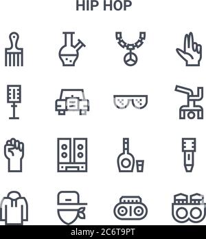 set of 16 hip hop concept vector line icons. 64x64 thin stroke icons such as bong, microphone, hip hop, whiskey, rap, rings, radio, sunglasses, hand Stock Vector