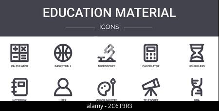 education material concept line icons set. contains icons usable for web, logo, ui/ux such as basketball, calculator, notebook, color palette, telesco Stock Vector